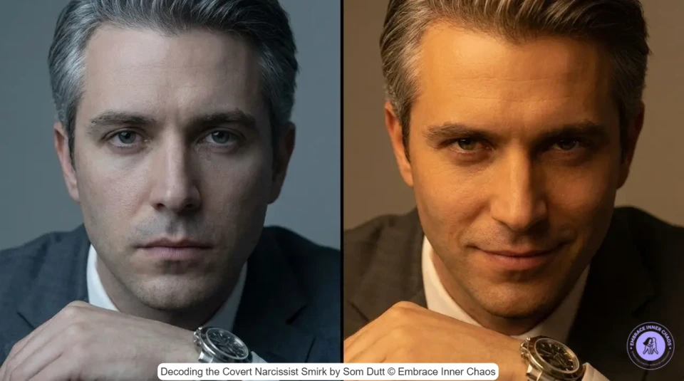 Man in dark suit showing subtle covert narcissist smirk with cold eyes and asymmetrical lip curl by Som Dutt from Embrace Inner Chaos