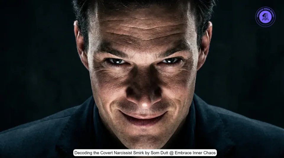 Professional man transitioning from stone face to covert narcissist smirk in office setting by Som Dutt from Embrace Inner Chaos