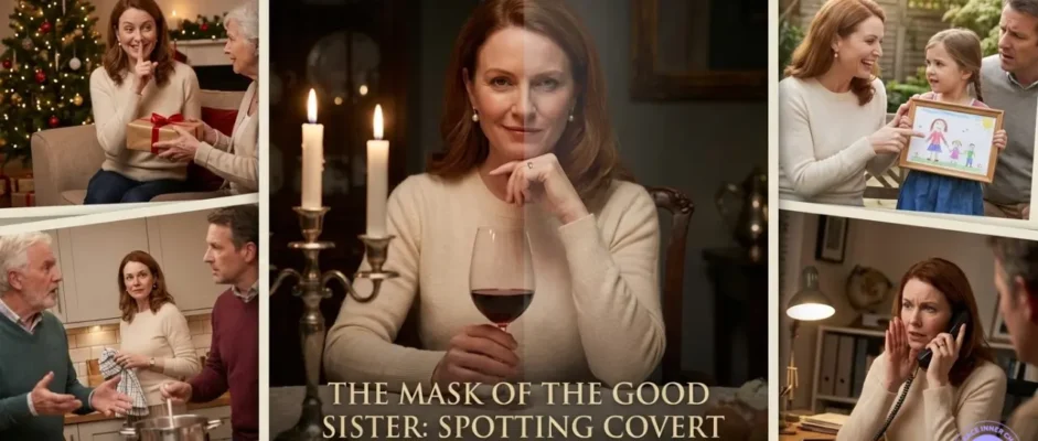 Covert narcissist sister wearing caring mask at family gatherings while secretly manipulating by Som Dutt from Embrace Inner Chaos