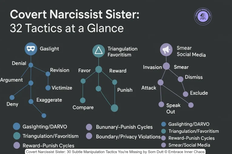 Covert narcissist sister—32 tactics clustered into five themes for quick pattern recognition by Som Dutt from Embrace Inner Chaos