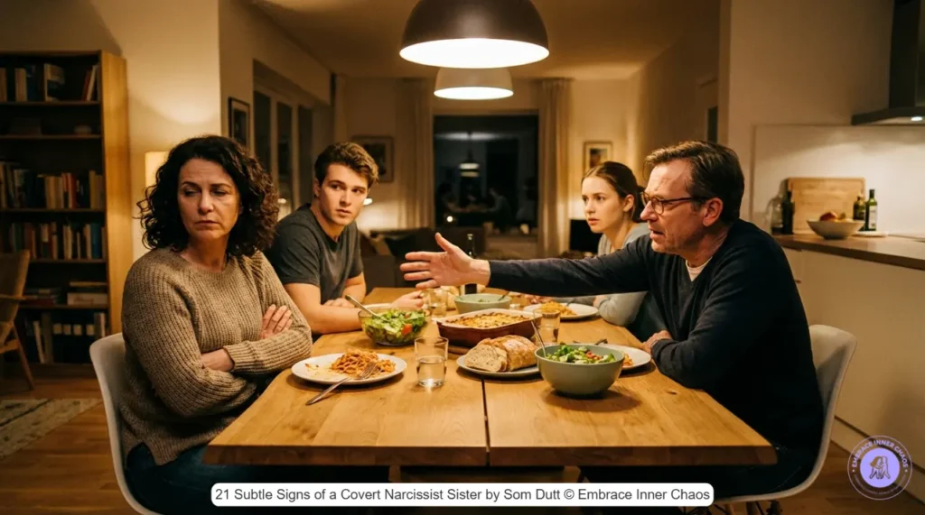 Family dinner tension caused by covert narcissist sister triangulation and passive-aggressive behavior by Som Dutt from Embrace Inner Chaos