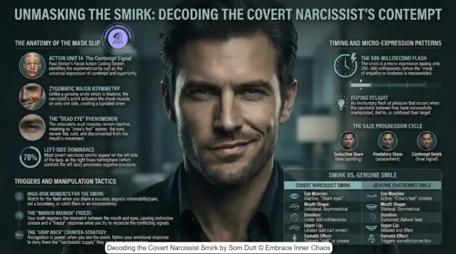 Man displaying covert narcissist smirk with facial anatomy breakdown showing contempt micro-expression by Som Dutt from Embrace Inner Chaos