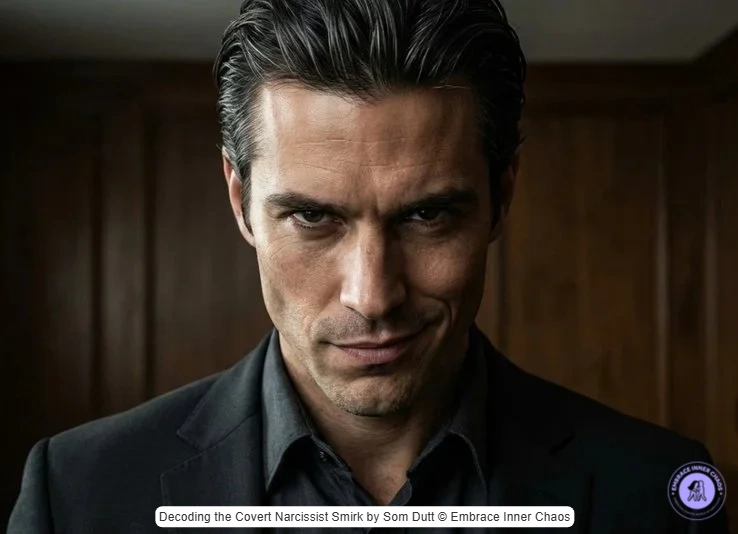 Business man showing shift from neutral expression to covert narcissist smirk revealing hidden contempt by Som Dutt from Embrace Inner Chaos