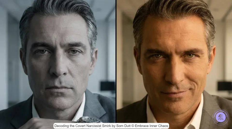 Side-by-side comparison Business man showing shift from neutral expression to covert narcissist smirk close-up of sinister covert narcissist smirk with contempt expression by Som Dutt from Embrace Inner Chaos