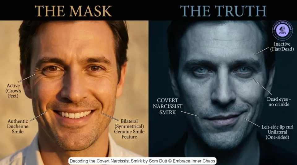 Side-by-side comparison of genuine Duchenne smile versus covert narcissist smirk with labeled facial features by Som Dutt from Embrace Inner Chaos