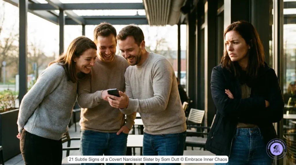 Woman excluded by group showing covert narcissist sister social isolation and smear campaign tactics by Som Dutt from Embrace Inner Chaos